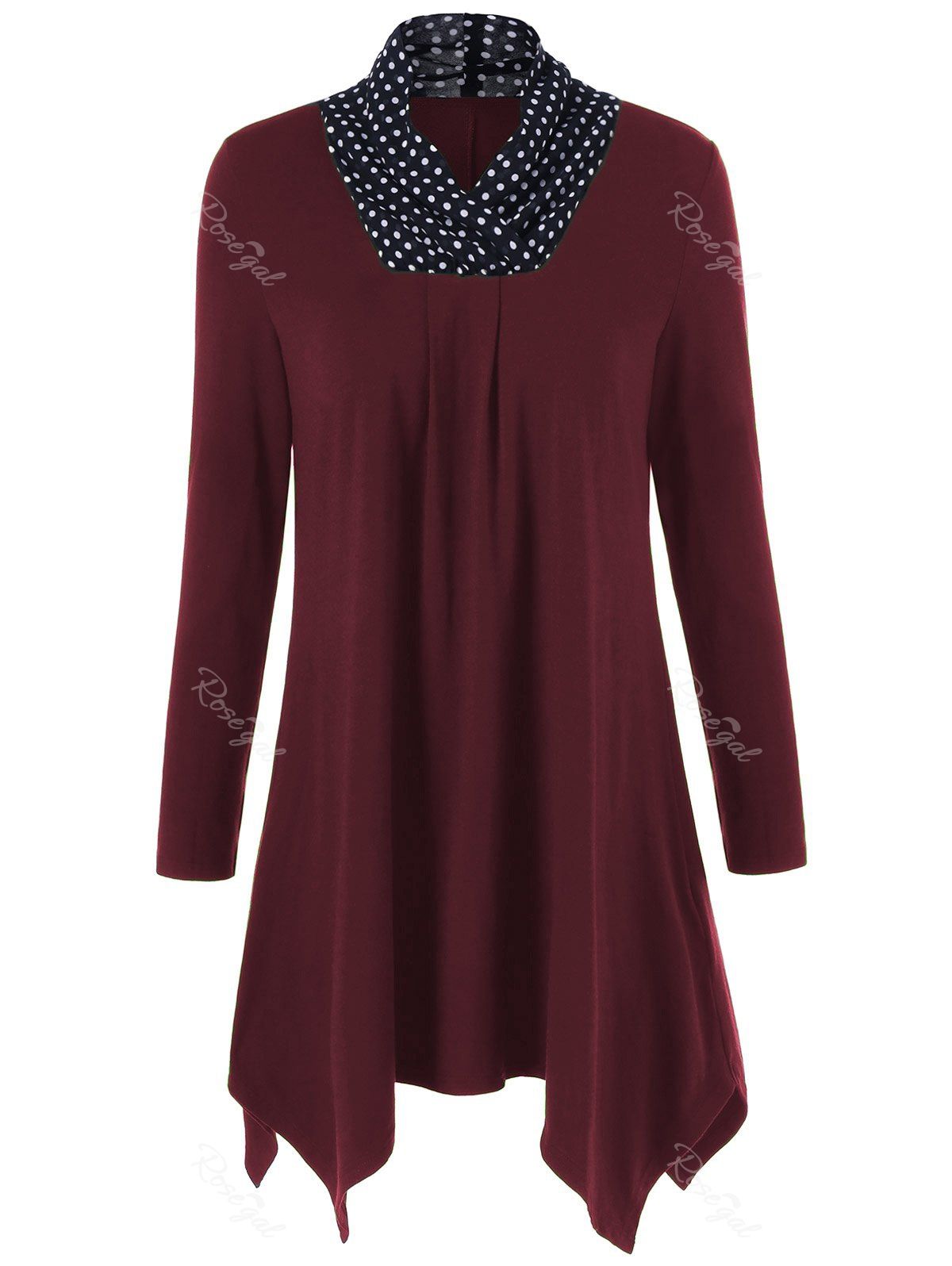 

Plus Size Polka Dot Trim Longline T-Shirt, Burgundy