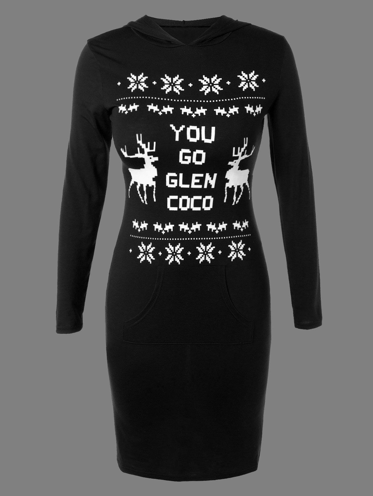 

Christmas Snowflake Deer Print Hoodie Dress, Black