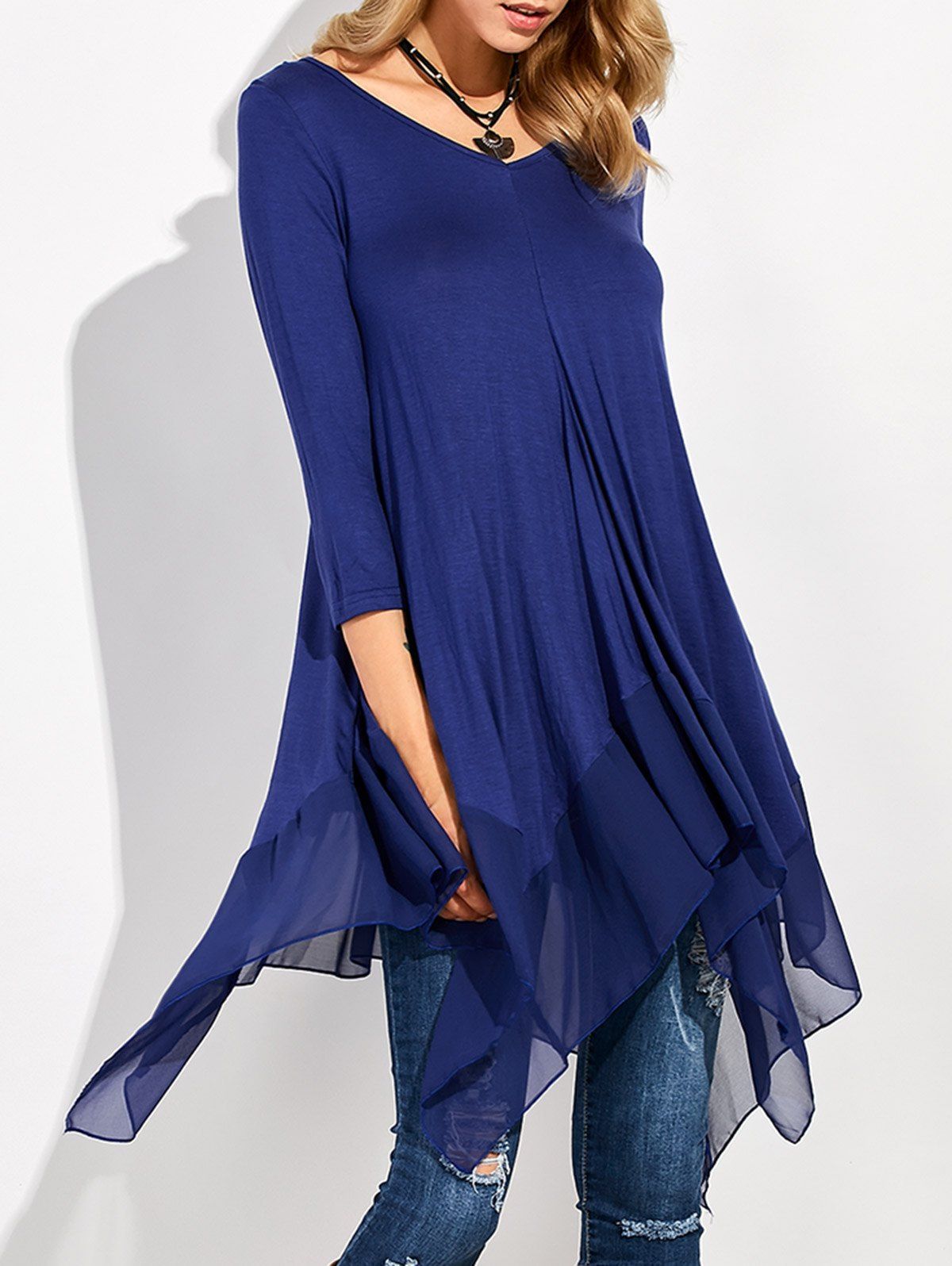 

Long Sleeve Asymmetrical Handkerchief Long T-Shirt, Blue