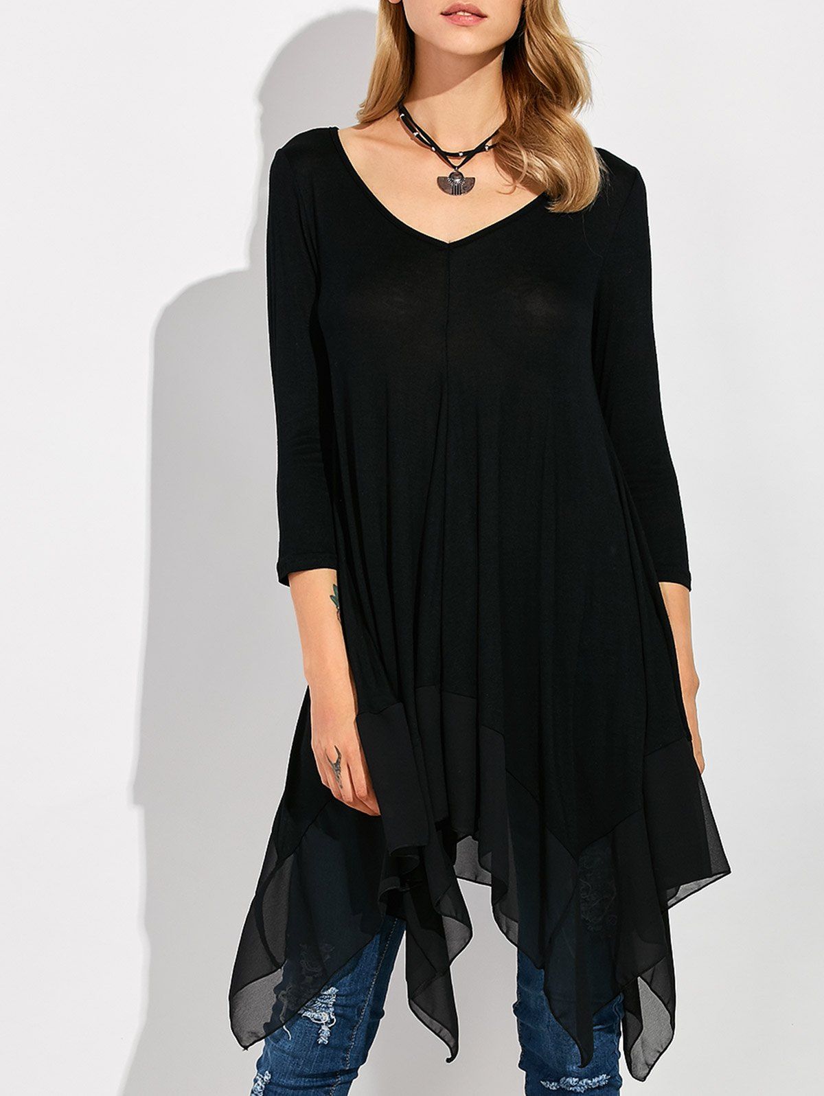 

Long Sleeve Asymmetrical Handkerchief Long T-Shirt, Black