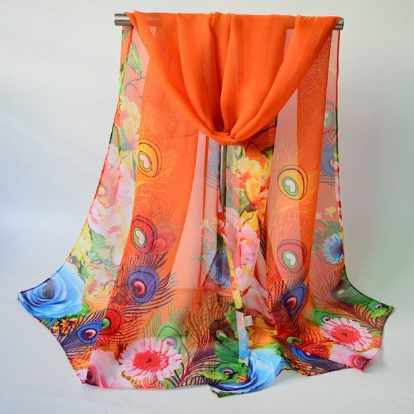 [23% OFF] Breathable Peacock Feather And Floral Print Chiffon Scarf ...