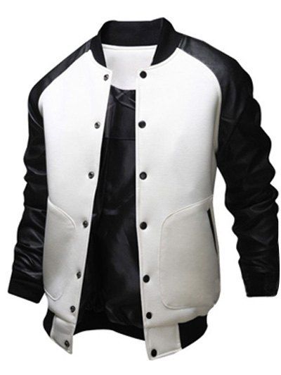 

Snap Button Up PU Leather Insert Raglan Sleeve Jacket, White