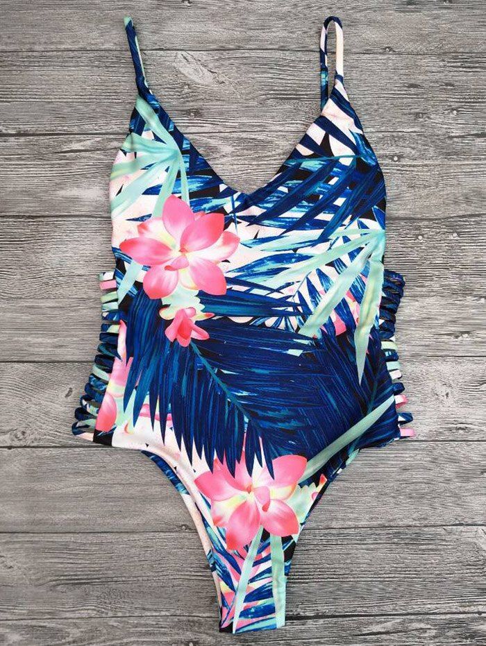 

Cami Tropical Print Cut Out One-Piece Swimwear, Blue