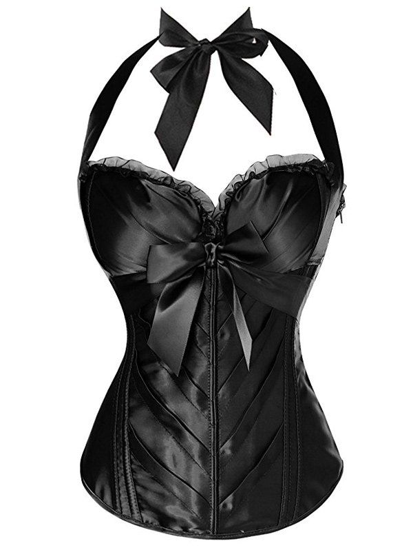 

Halter Bowknot Embellished Lace Up Corset Bra, Black