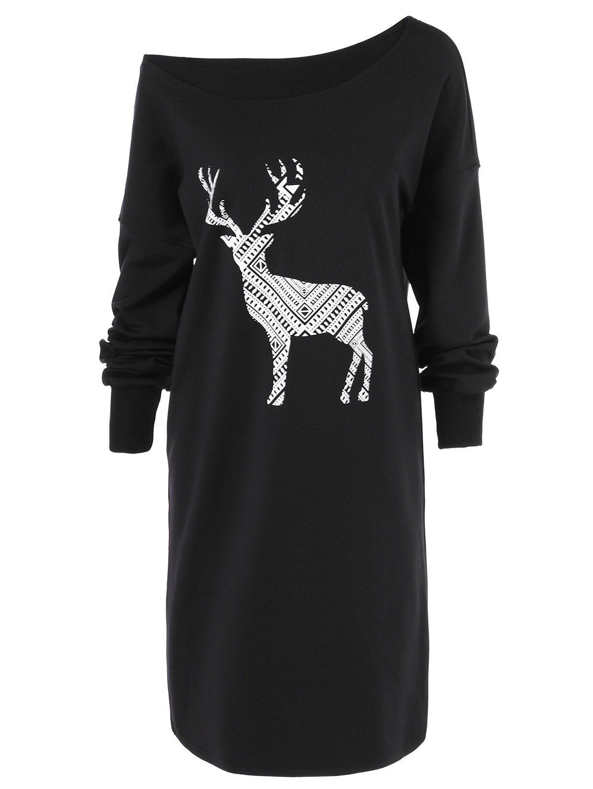

Skew Neck Pullover Sweatshirt With ELK Patterned, Black