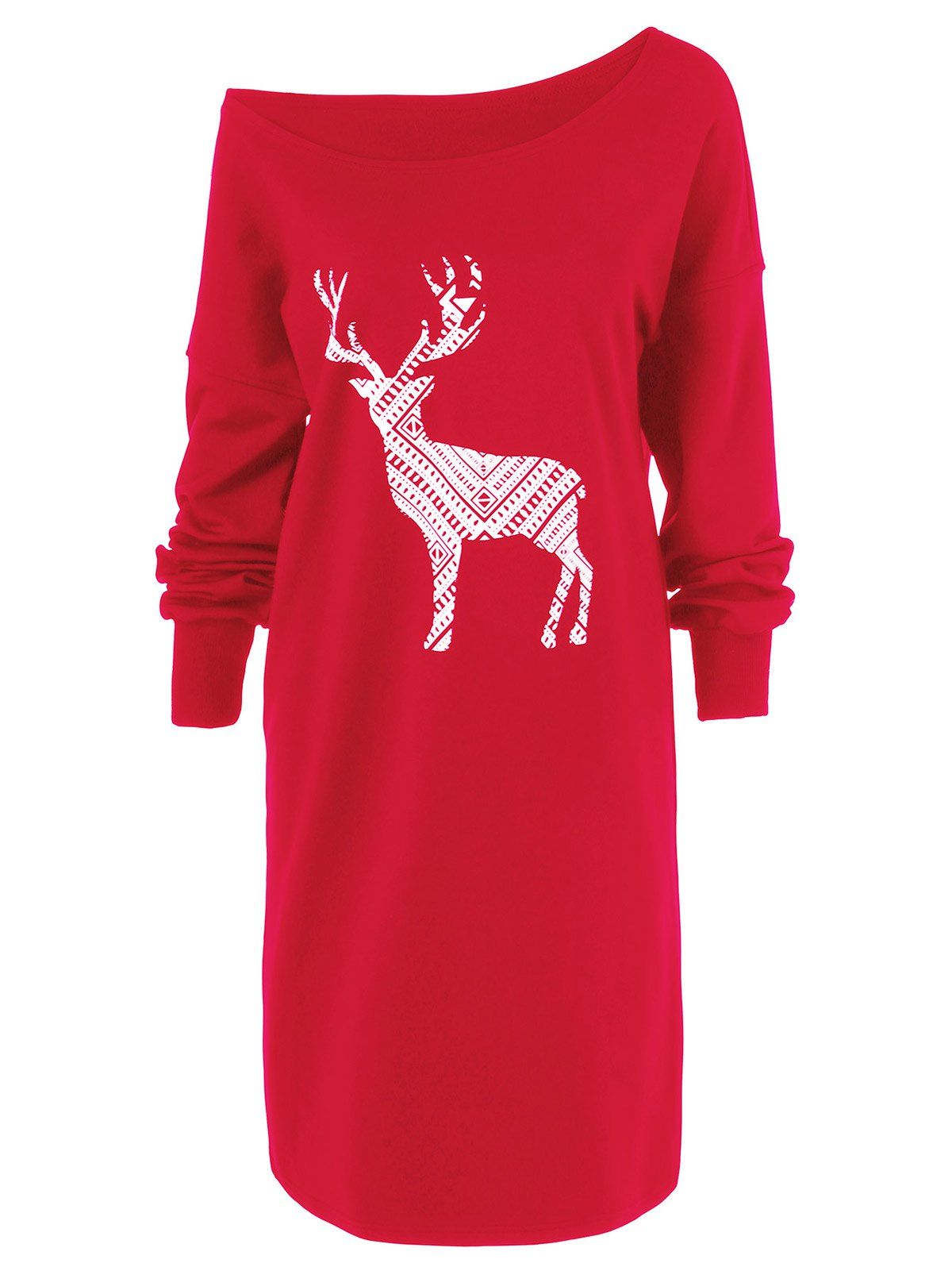 

Skew Neck Pullover Sweatshirt With ELK Patterned, Red