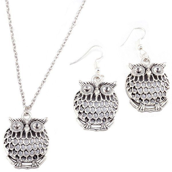 

Owl Necklace and Drop Earrings, Silver