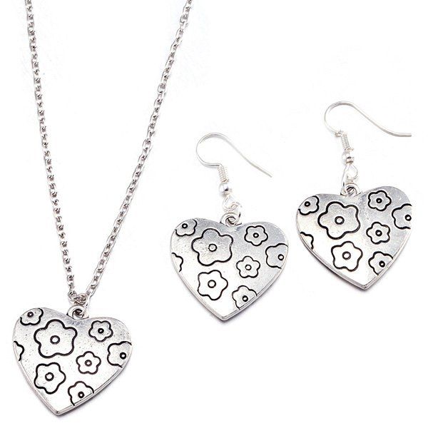 

Engraved Flower Heart Necklace and Earrings, Silver