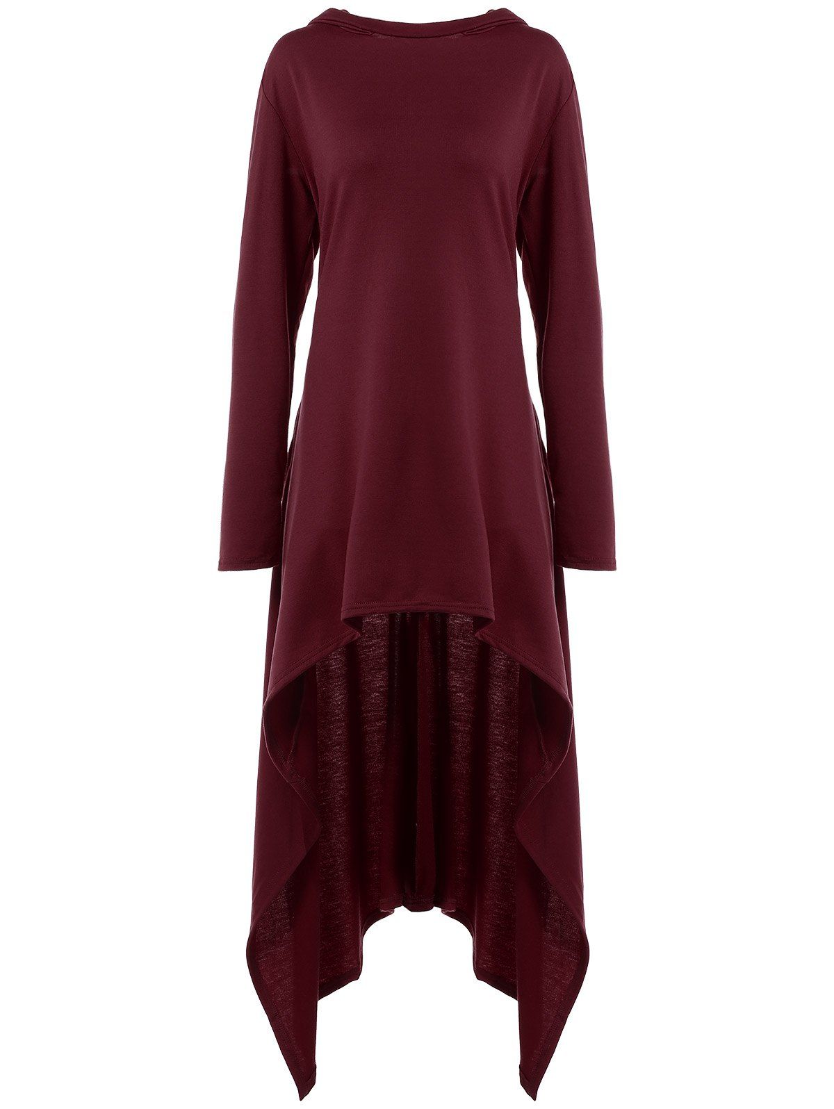 

High Low Hooded Dress with Long Sleeves, Deep red