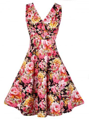 [30% OFF] V Neck Floral Pattern Vintage Dress | Rosegal
