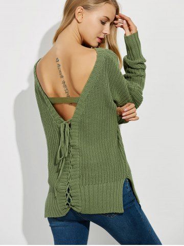 Green L Backless Lace Up Ribbed Sweater | RoseGal.com