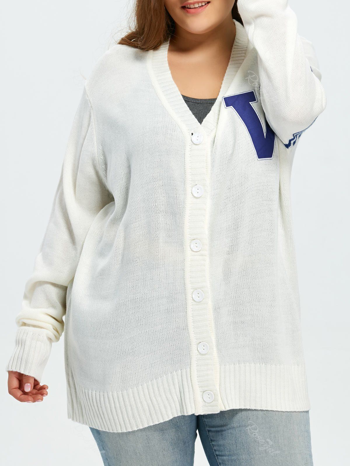 

Plus Size Stripes V Pattern Long Sleeve Cardigan, White