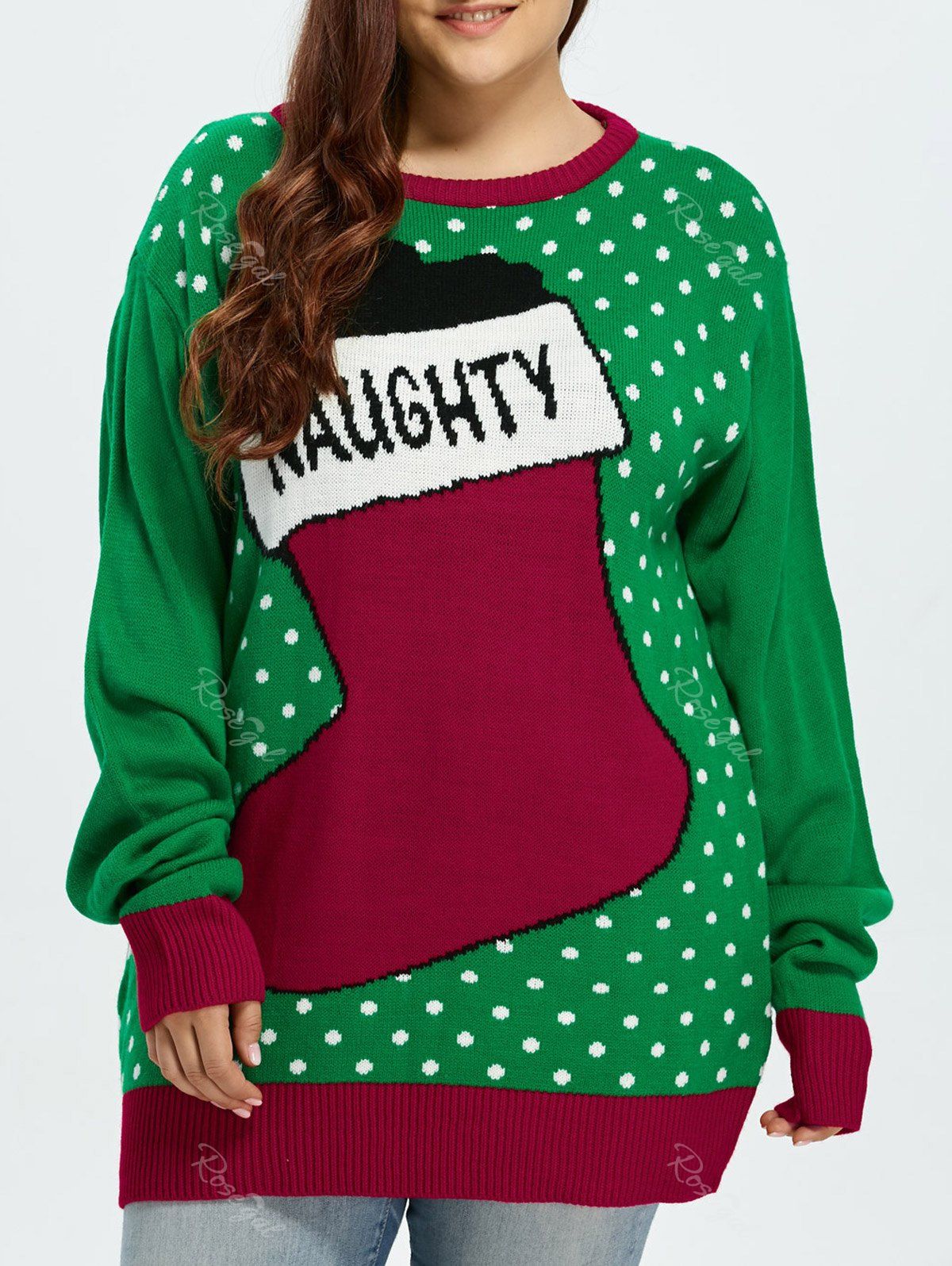 

Plus Size Christmas Stock Pattern Sweater, Green