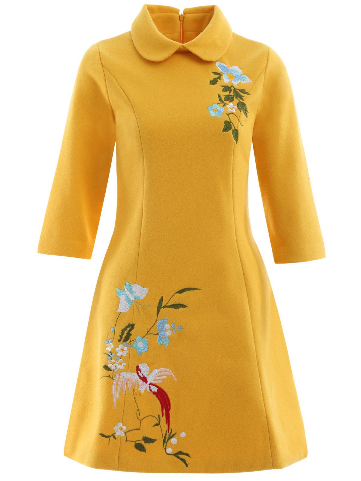 Outfits A Line Pocket Bowknot Bird Embroidery Woolen Swing Dress  