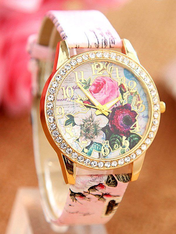 

Rhinestone Faux Leather Rose Quartz Watch, Pink