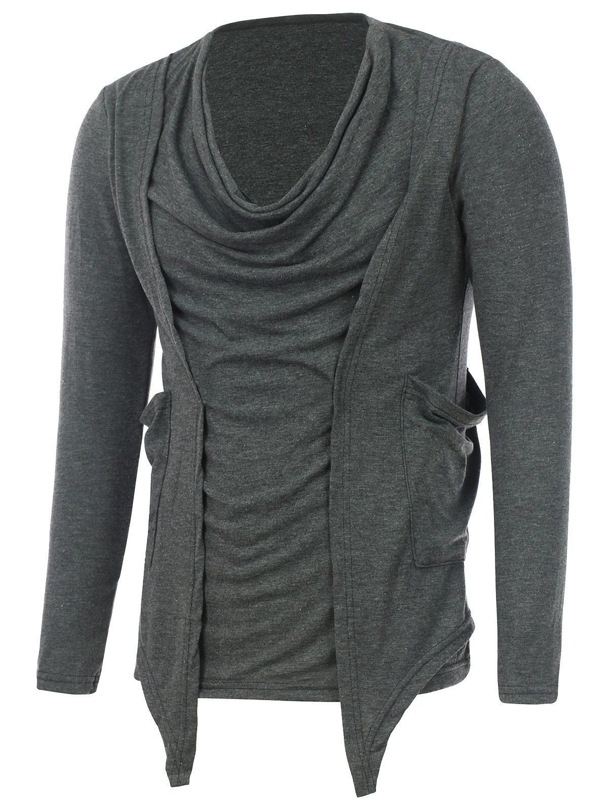

Draped Neckline Pocket Faux Twinset T-Shirt, Deep gray