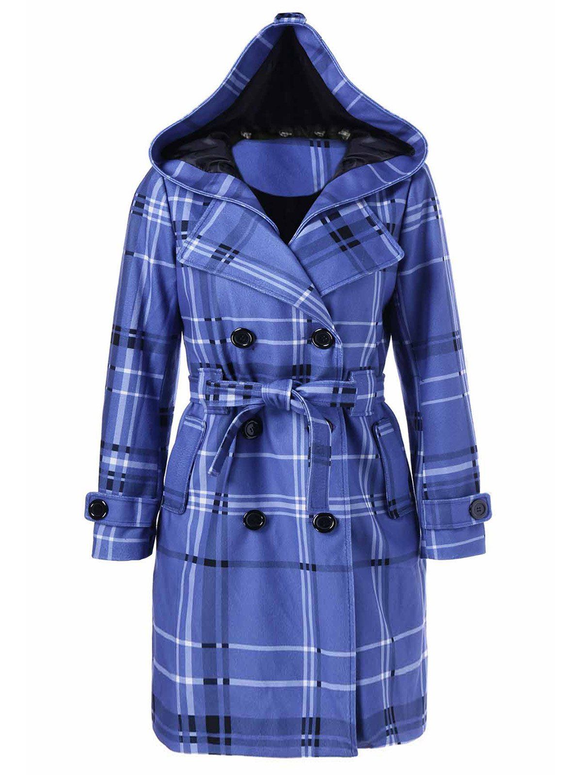 

Tie Belt Hooded Plaid Woolen Coat, Medium blue