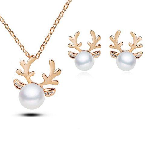 

Artificial Pearl Elk Necklace and Earrings, Golden