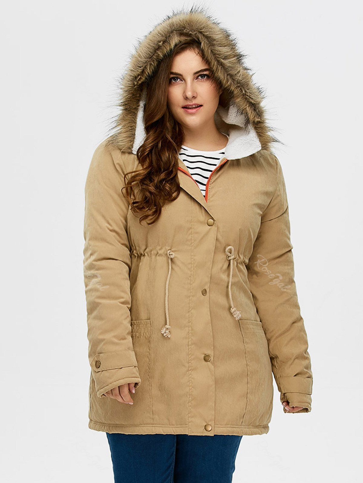 

Plus Size Drawstring Hooded Parka Coat With Fur Collar, Khaki