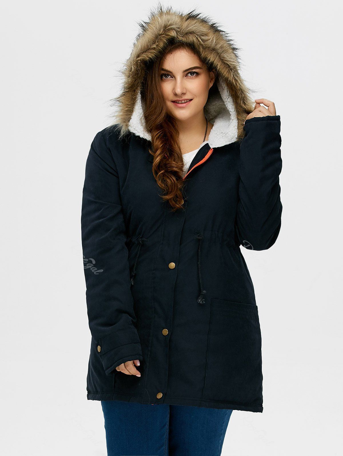 

Plus Size Drawstring Hooded Parka Coat With Fur Collar, Purplish blue