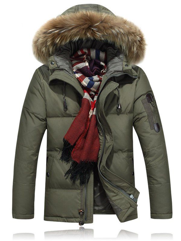 

Zipper Up Quilted Jacket with Fur Trim Hood, Army green