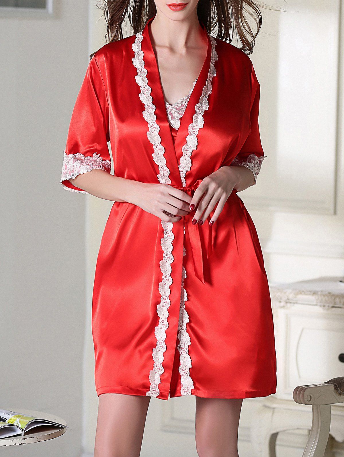 

Satin Short Slip Dress and Belted Robe, Red