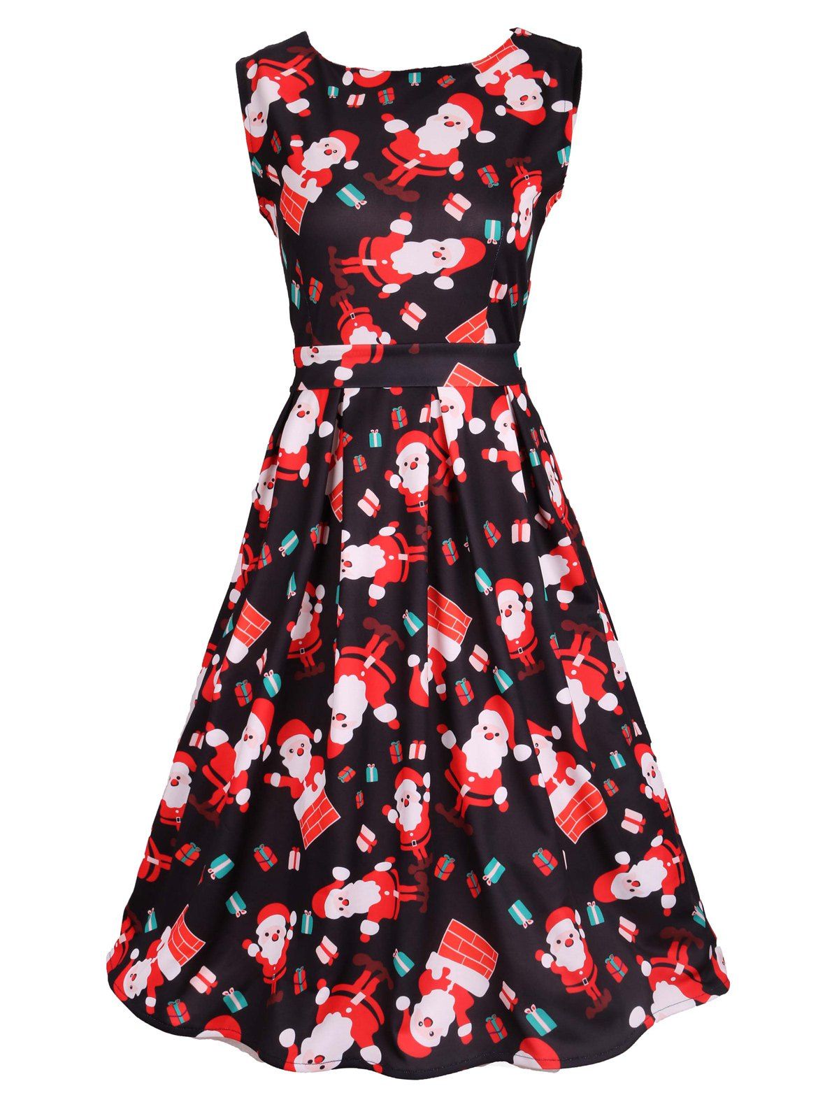 

Santa Print Sleeveless Flare Dress, Black