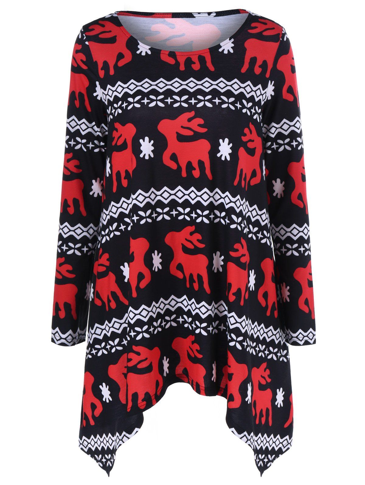 

Reindeer and Snowflake Print Asymmetrical T-Shirt, Black and white and red