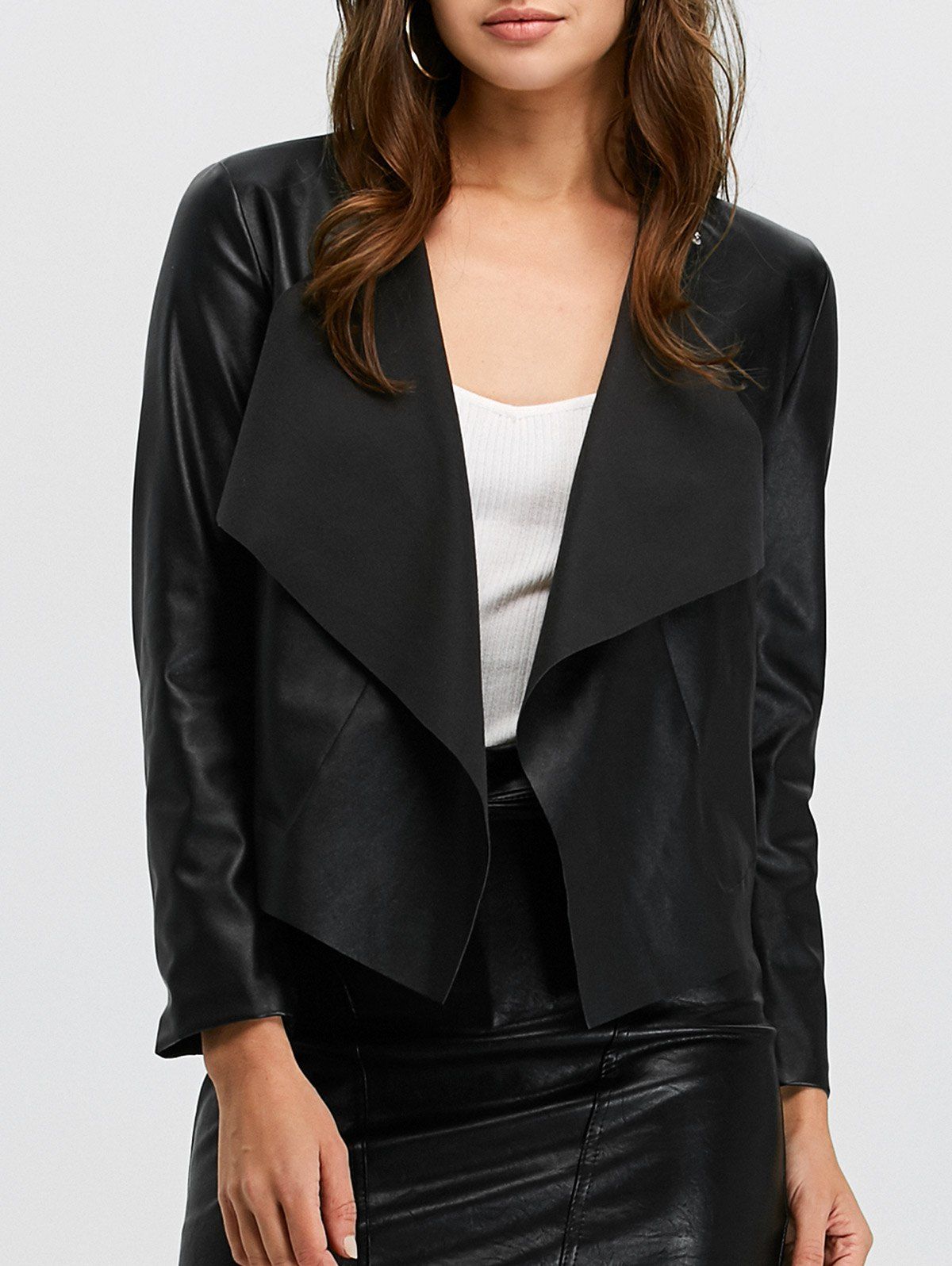 faux leather open front jacket