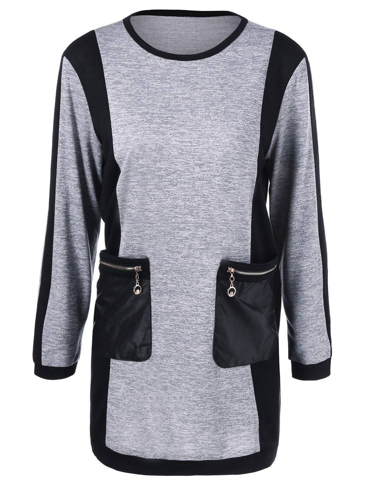

Contrast Trim Pockets Design Longline T-Shirt, Black and grey