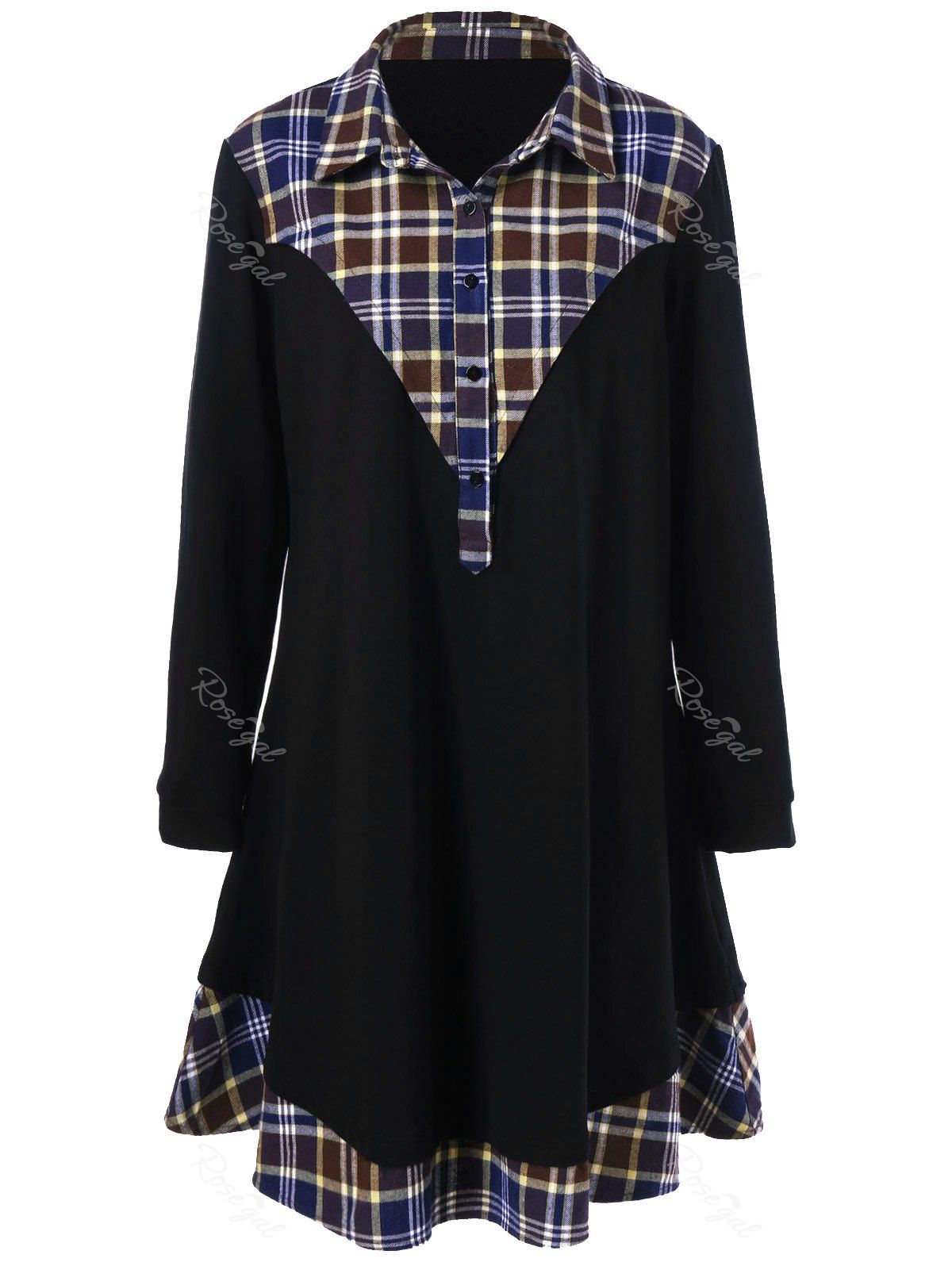 

Plus Size Plaid Trim Long Sleeve Dress, Black