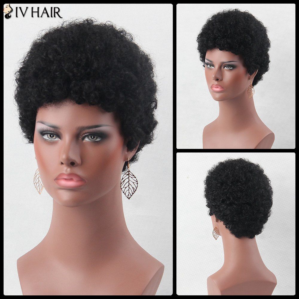 

Ultrashort Fluffy Curly Real Natural Hair Wig, Jet black