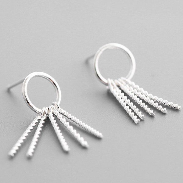 

Hollowed Circle Bar Fringe Earrings, Silver