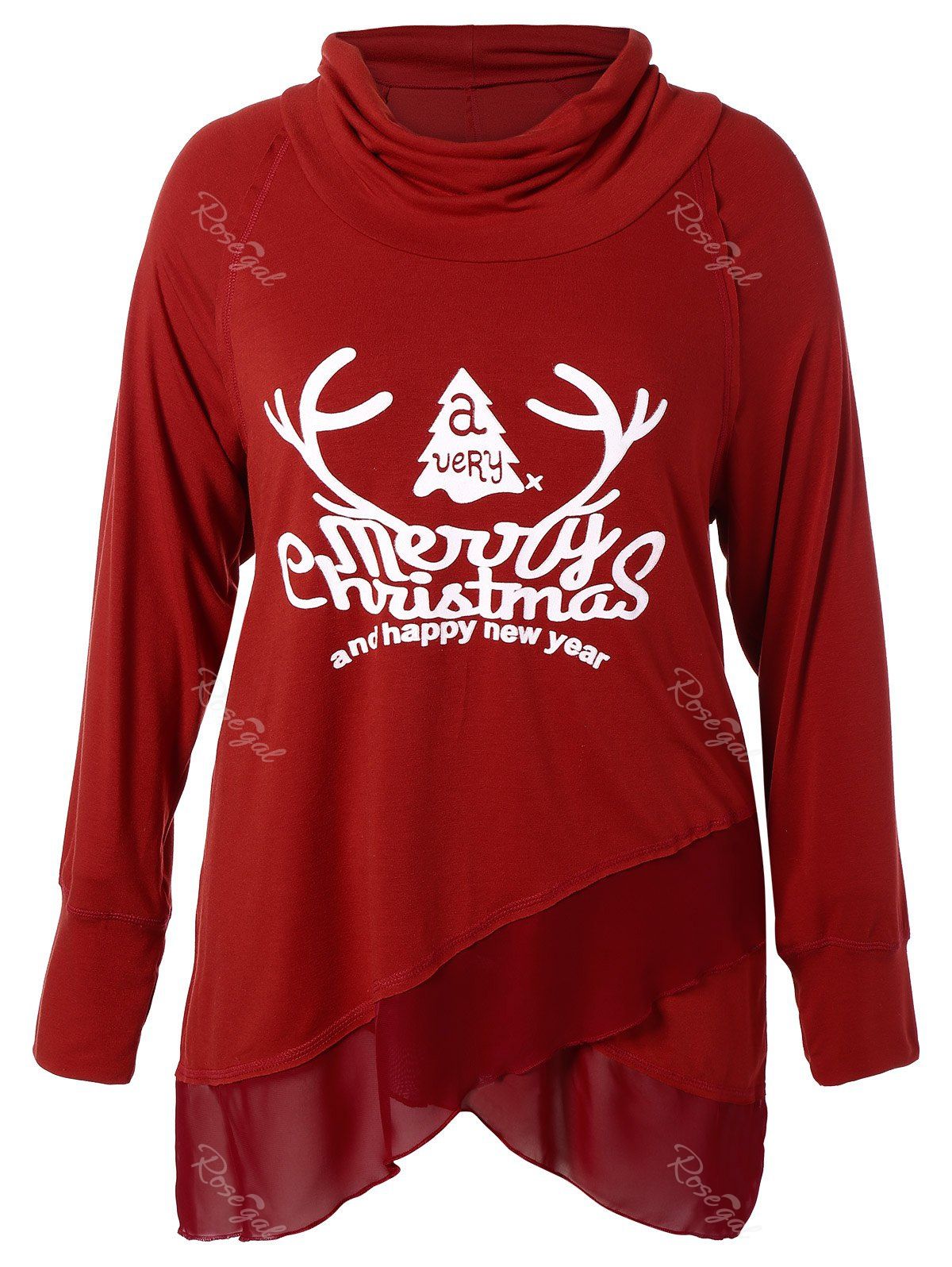 

Plus Size Christmas Print Chiffon Insert Sweatshirt, Deep red