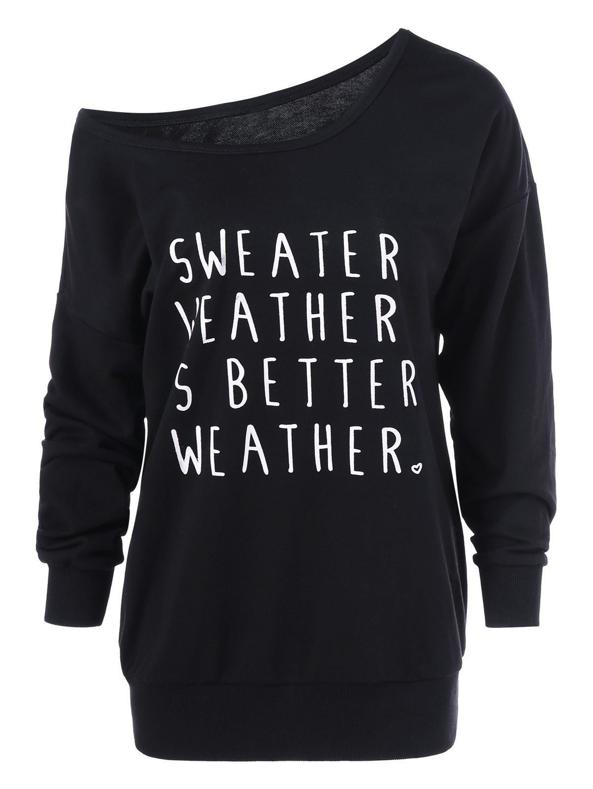 

Skew Collar Pullover Sweatshirt with Graphic, Black