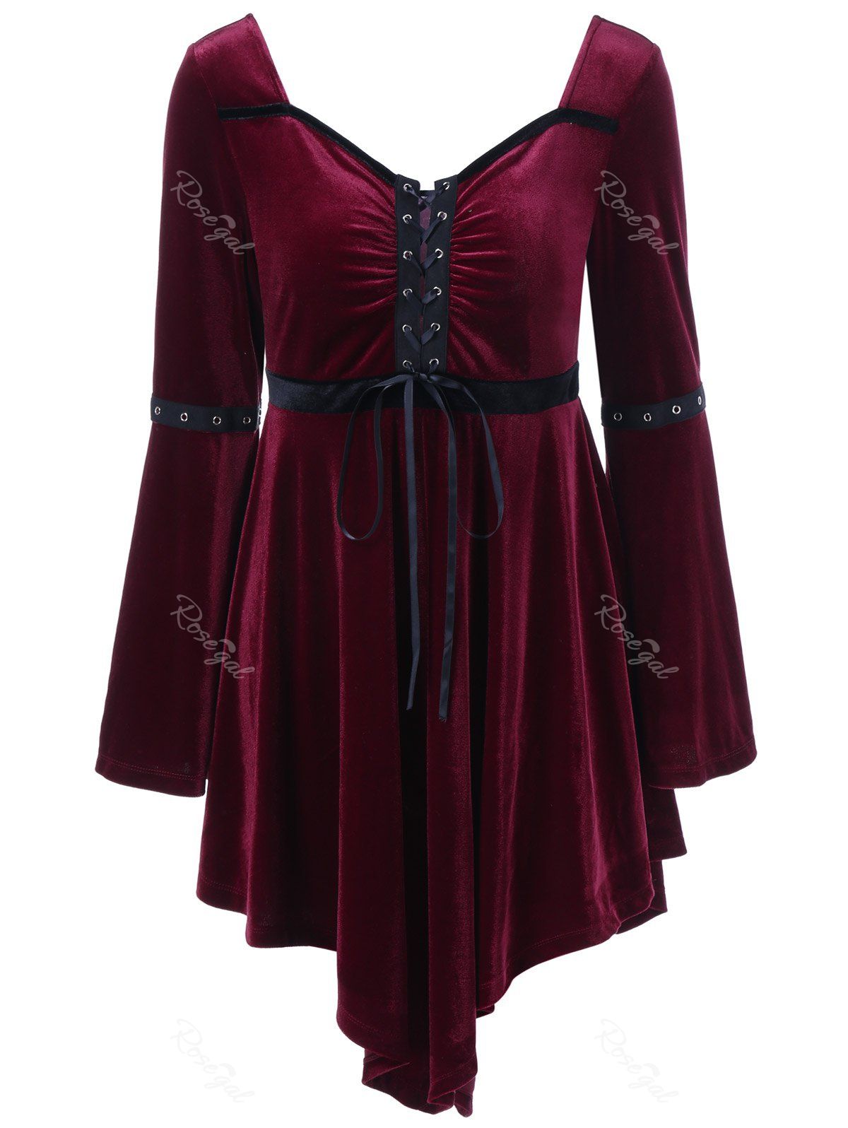 [34% OFF] Long Sleeve Velvet Asymmetrical Plus Size Lace Up Dress | Rosegal