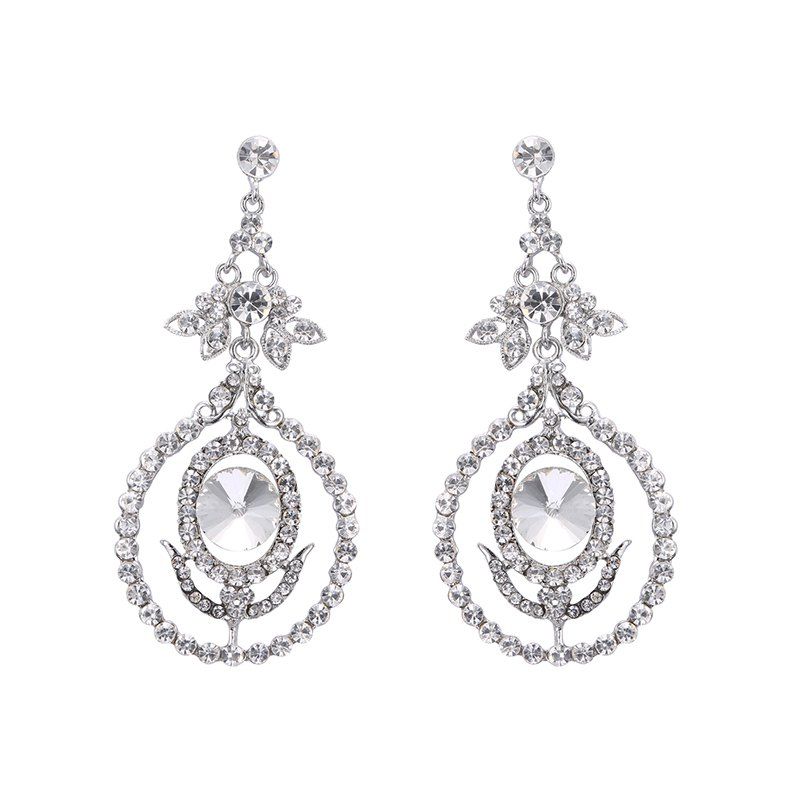 

Rhinestone Leaf Flower Earrings, Silver