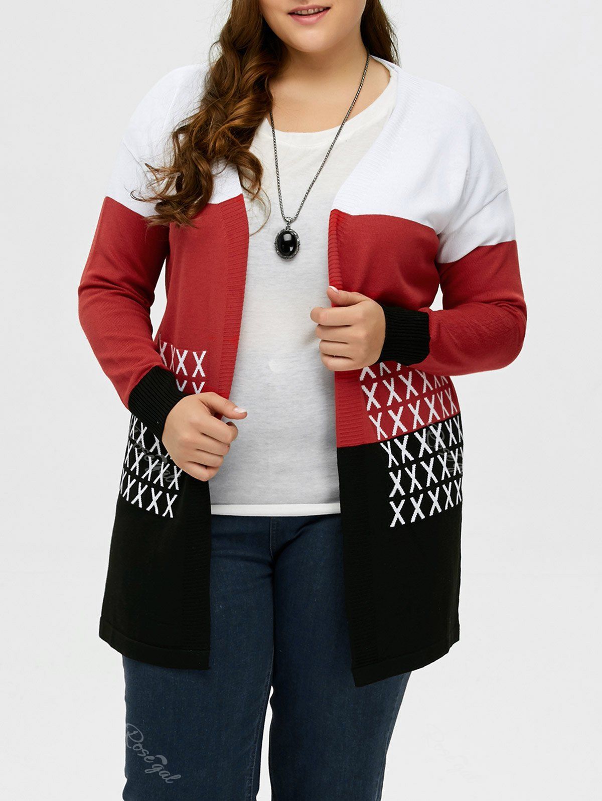 

Plus Size Drop Shoulder Knit Cardigan, Black and white and red