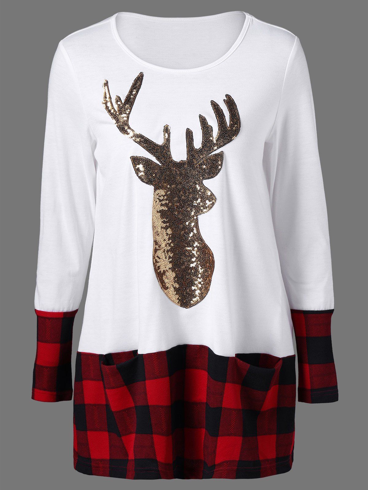 

Sequined Reindeer Plaid Trim Christmas T-Shirt, White