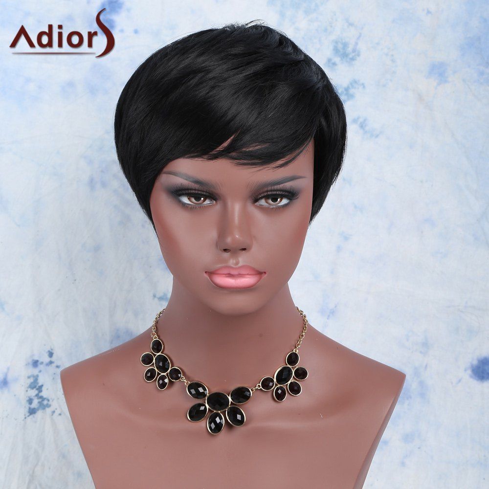 [68 OFF] Manly Boy Cut Black Short Capless Straight Side Bang