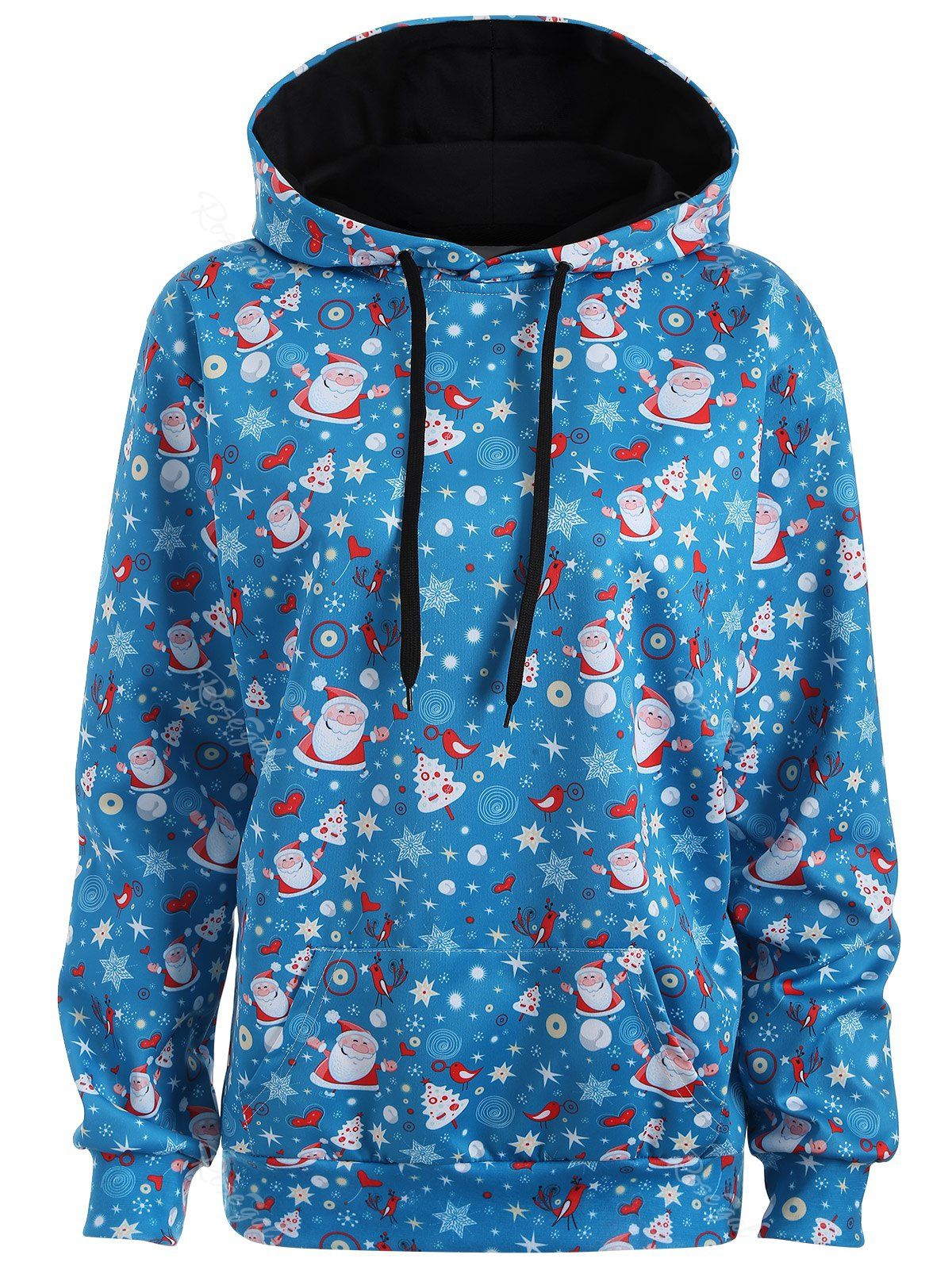 

Plus Size Santa Claus Kangaroo Pocket Patterned Hoodies, Lake blue