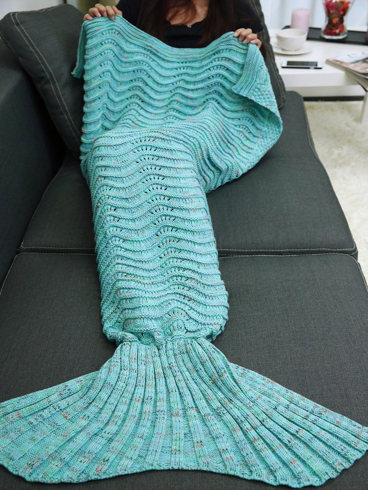 

Wave Stripe Knitted Sleeping Bag Mermaid Blanket, Blue green