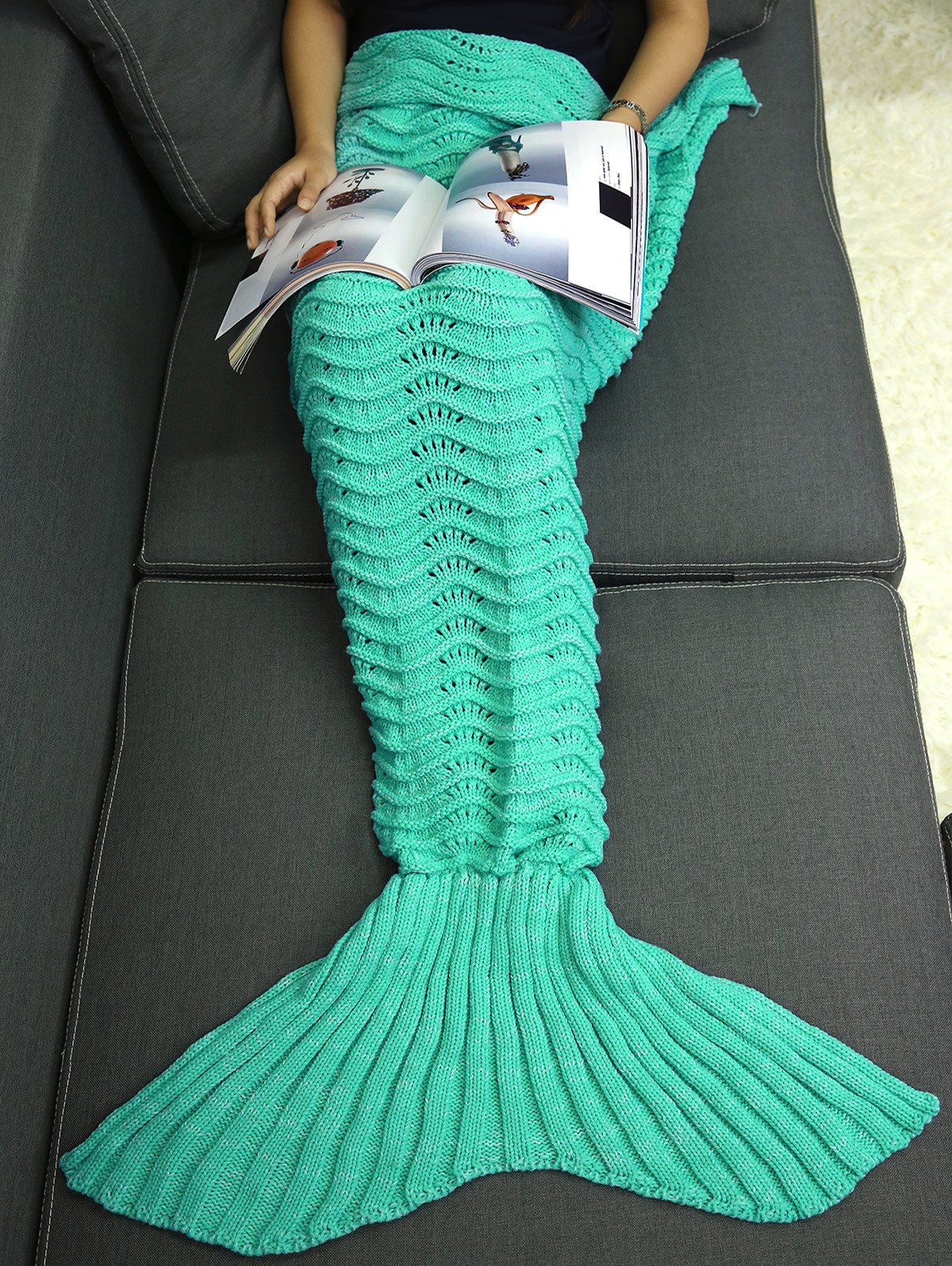 Couverture sac de couchage tricotée motif queue de la sirène Turquoise 