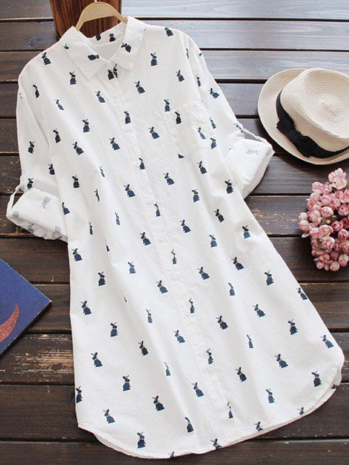 Best Casual Long Sleeve Rabbit Print Tunic Shirt  