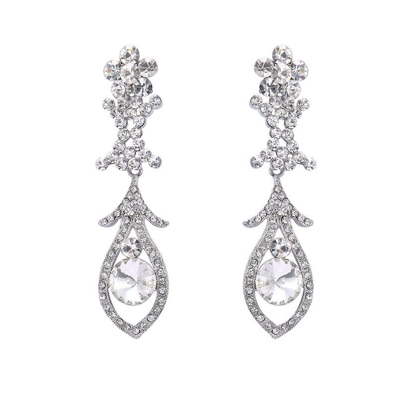 

Rhinestone Floral Hollowed Drop Earrings, Silver
