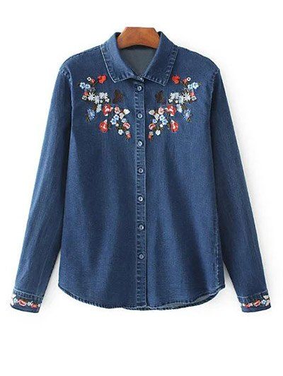 [22% OFF] Jean Floral Embroidered Shirt | Rosegal