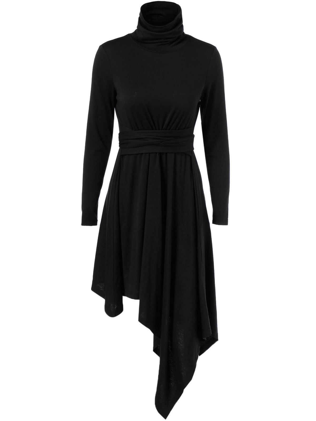 2018 Asymmetrical High Neck Long Sleeve Dress In Black Xl | Rosegal.com