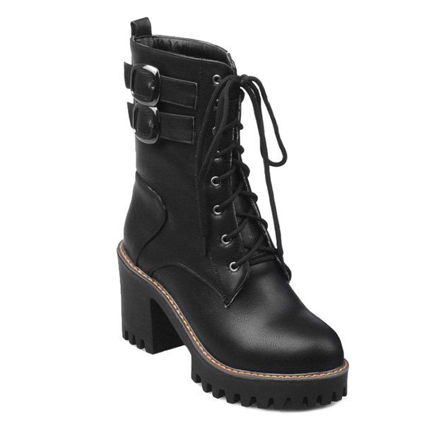 [21% OFF] Block Heel Buckles Lace Up Ankle Boots | Rosegal