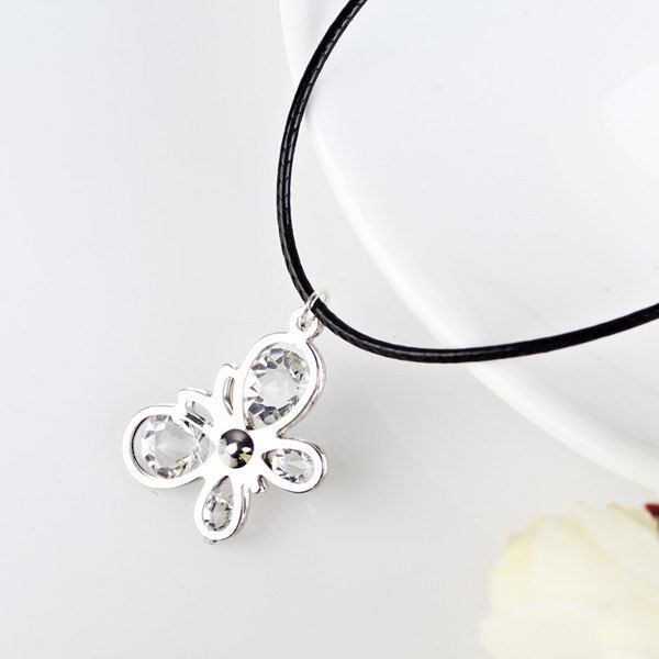 

Rhinestone Butterfly PU Leather Rope Necklace, Silver