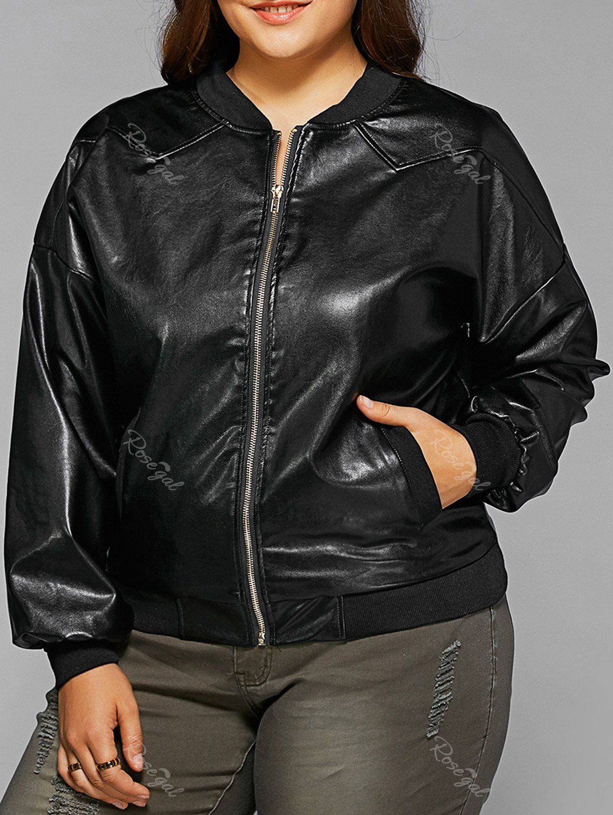 [14% OFF] Plus Size Zipped Faux Leather Bomber Jacket | Rosegal